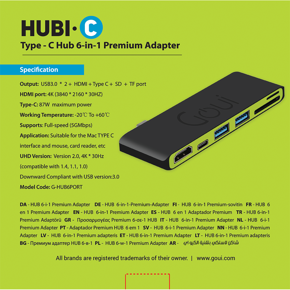 Goui Hubi, TYPE C to USB3.0*2+ HDMI+USB-C+ SD + TF Slot