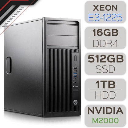 HP Workstation Z240 Intel Xeon E3-1225 v5 / 16GB DDR4 / 512GB SSD / 1TB HDD /NVIDIA QUADRO M2000 4G (Remis à neuf)