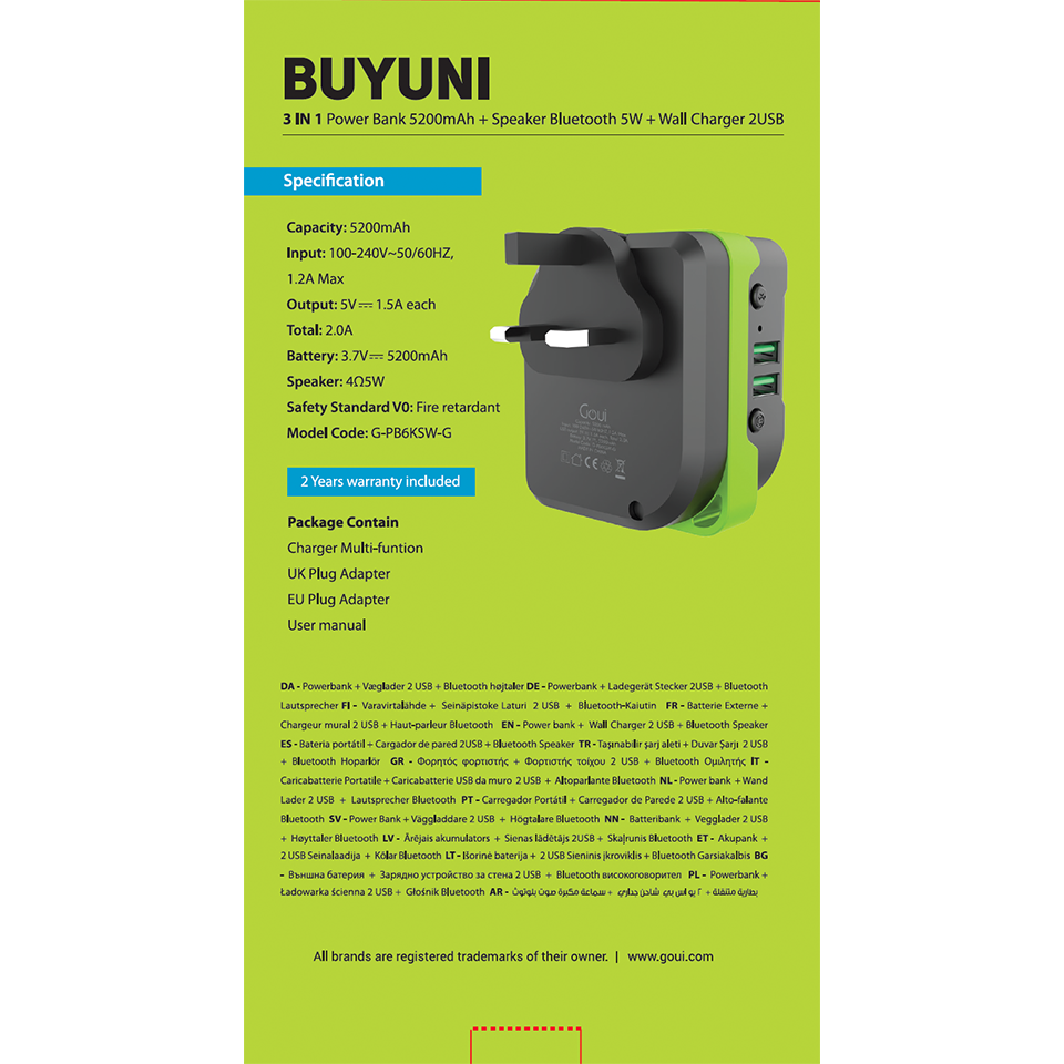 Goui BUYUNI 5200mAh Power bank+BT Speaker +wall Char[UK/EU/US]